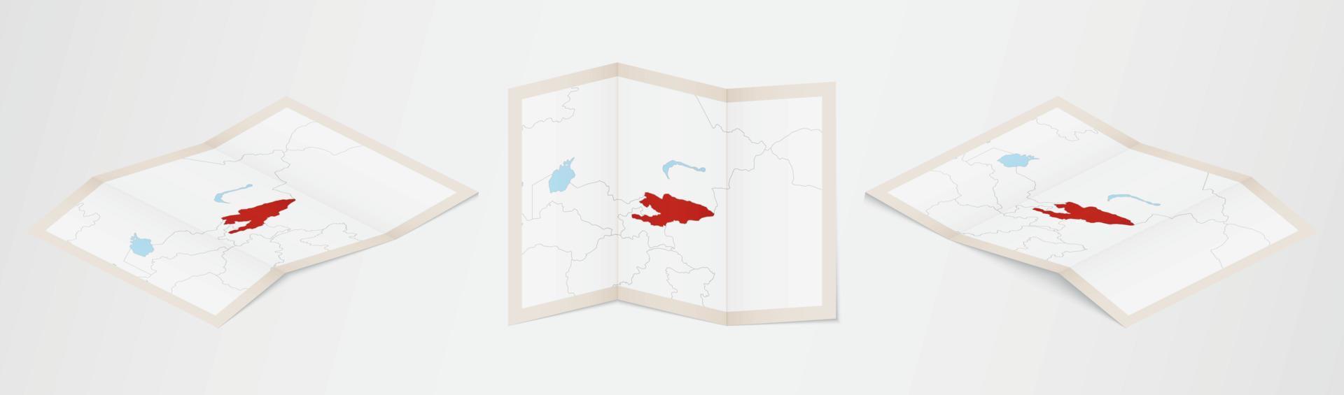 Folded map of Kyrgyzstan in three different versions. vector