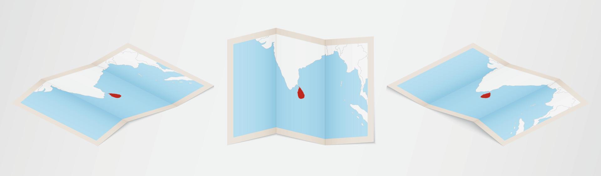 Folded map of Sri Lanka in three different versions. vector