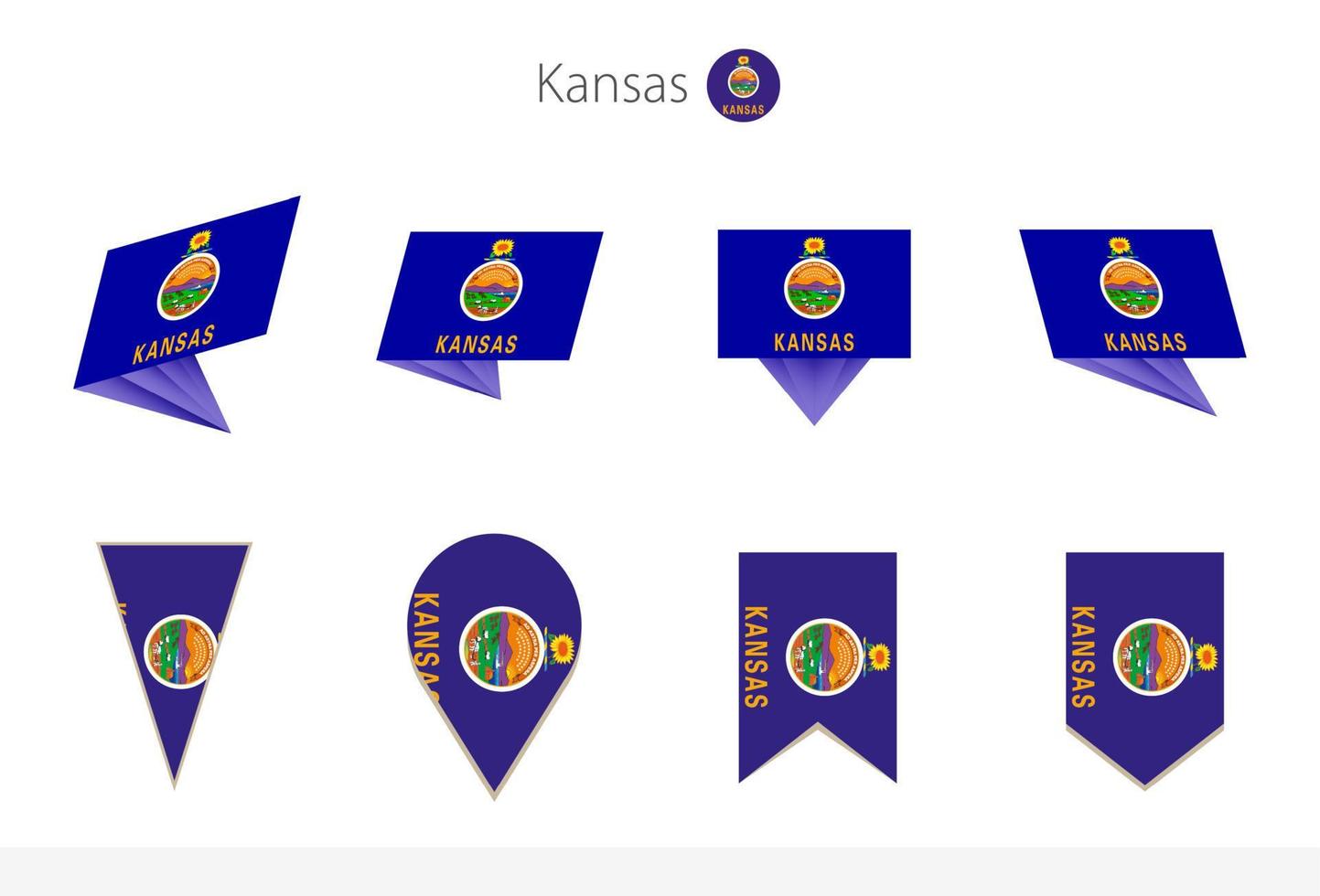 Kansas US State flag collection, eight versions of Kansas vector flags.