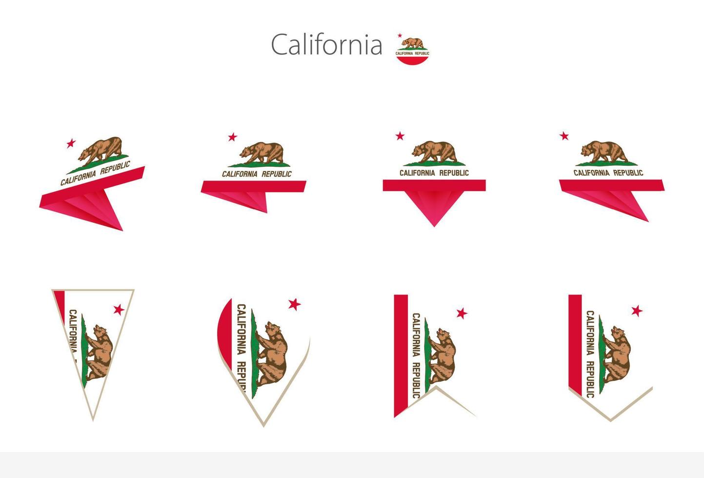 colección de banderas del estado de california, ocho versiones de banderas vectoriales de california. vector