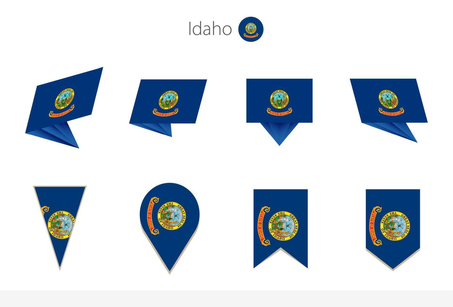 Idaho US State flag collection, eight versions of Idaho vector flags.