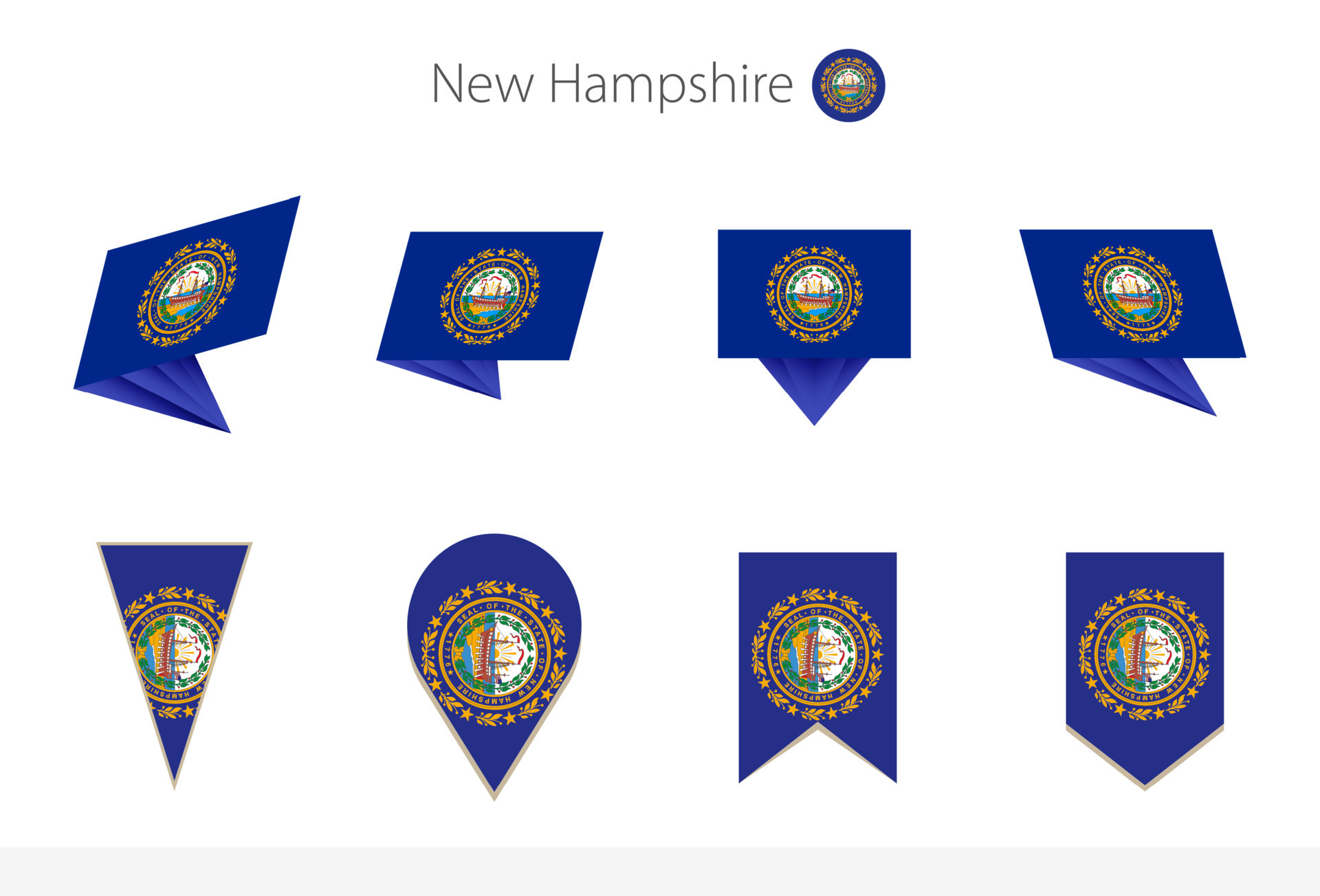 New Hampshire US State flag collection, eight versions of New Hampshire