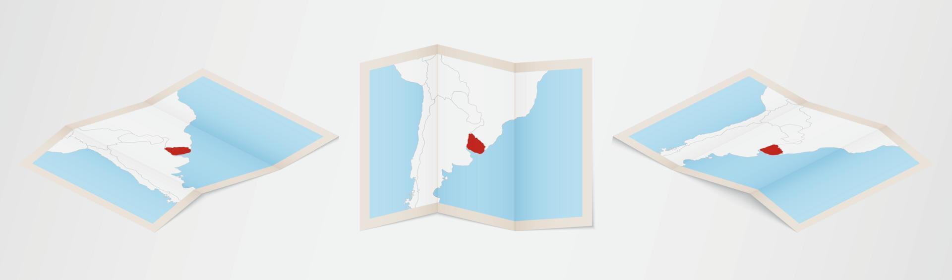 Folded map of Uruguay in three different versions. vector