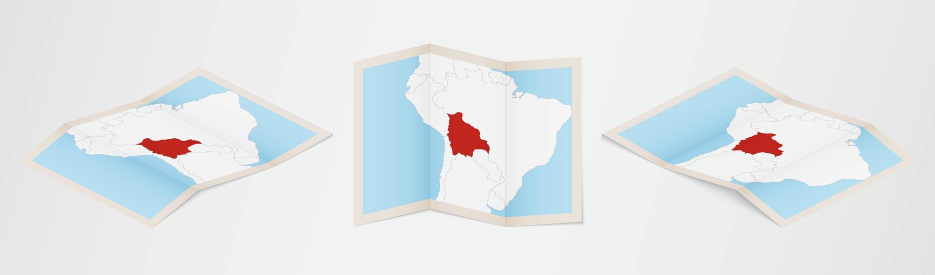 Folded map of Bolivia in three different versions. vector