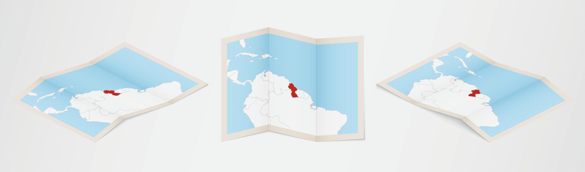 mapa plegado de guyana en tres versiones diferentes. vector