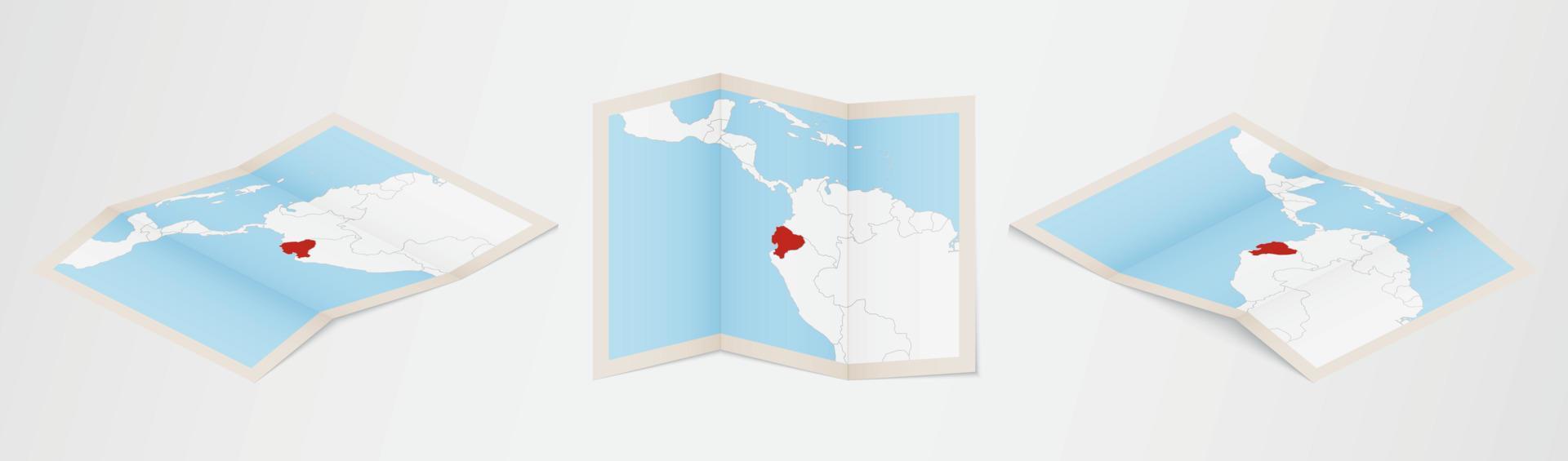 Folded map of Ecuador in three different versions. vector