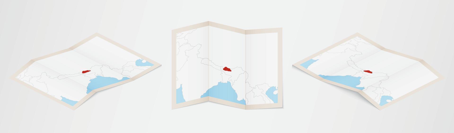 Folded map of Bhutan in three different versions. vector