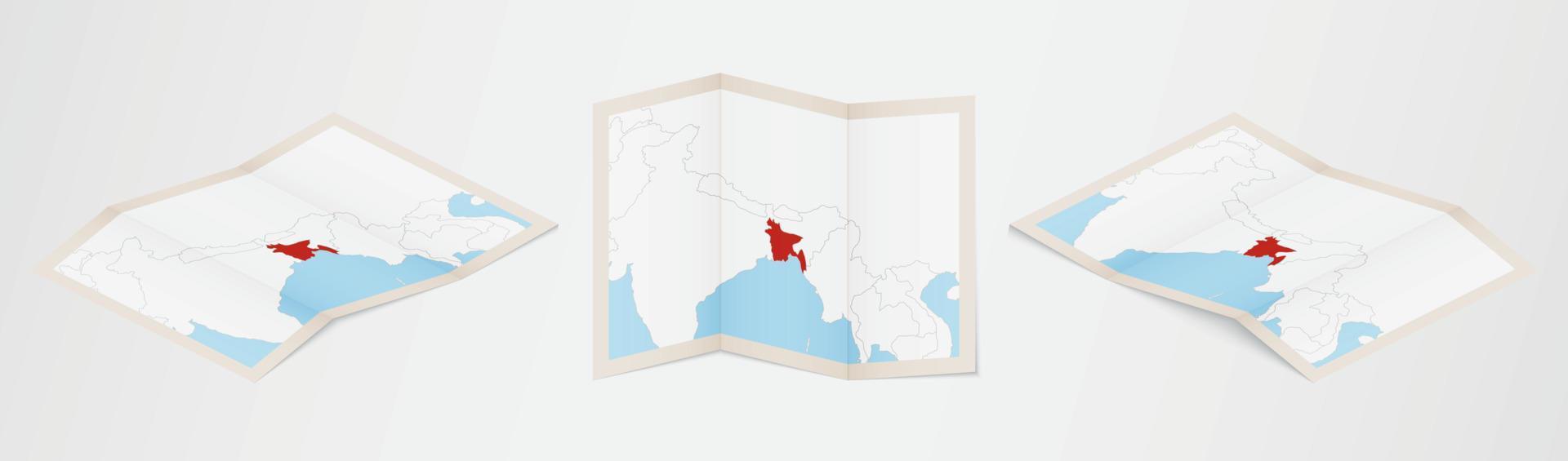Folded map of Bangladesh in three different versions. vector
