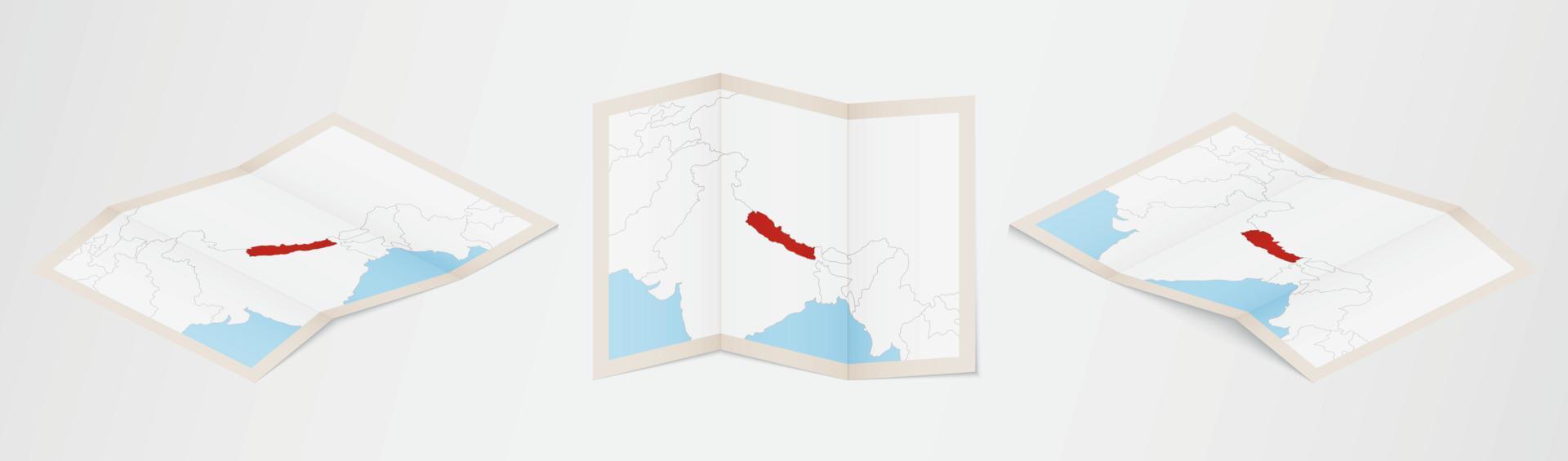 Folded map of Nepal in three different versions. vector