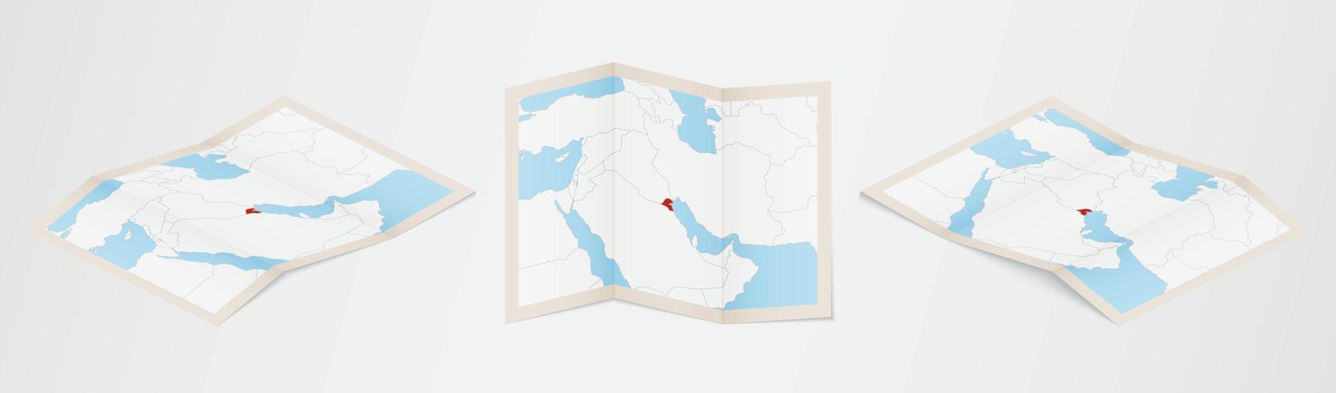 Folded map of Kuwait in three different versions. vector