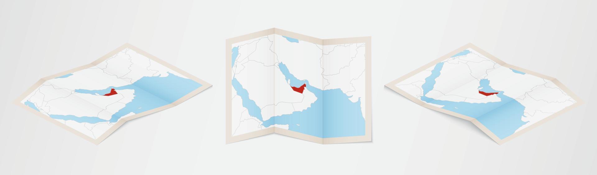 mapa plegado de emiratos árabes unidos en tres versiones diferentes. vector