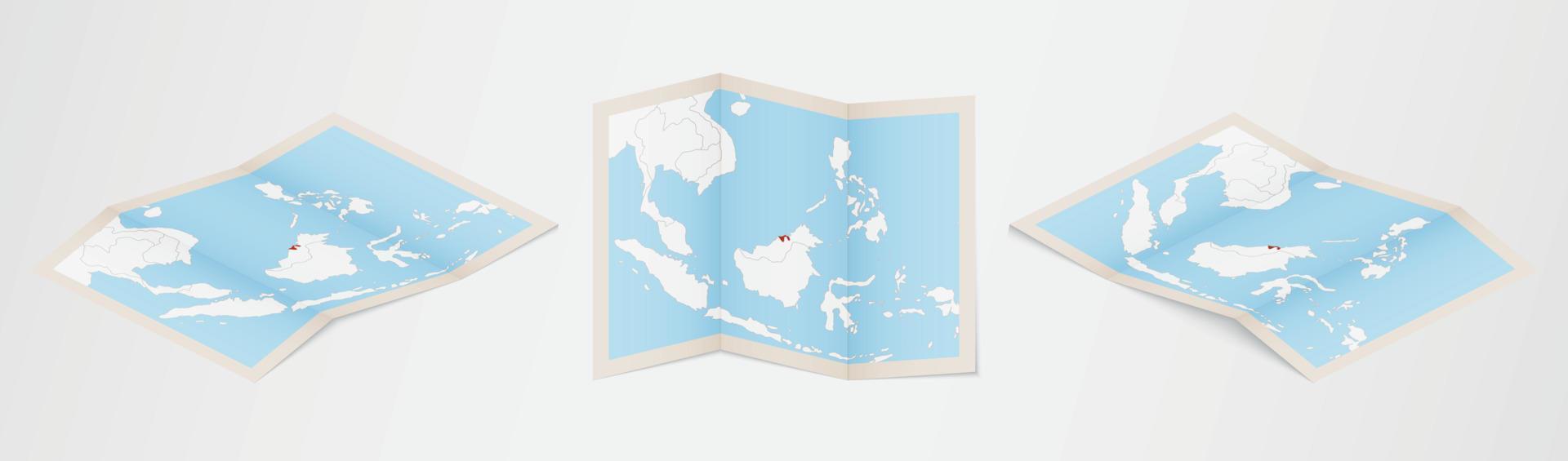 Folded map of Brunei in three different versions. vector