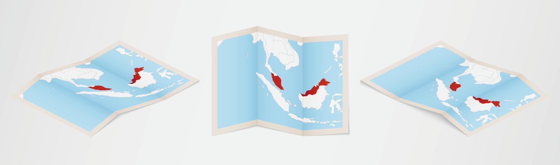 mapa plegado de malasia en tres versiones diferentes. vector