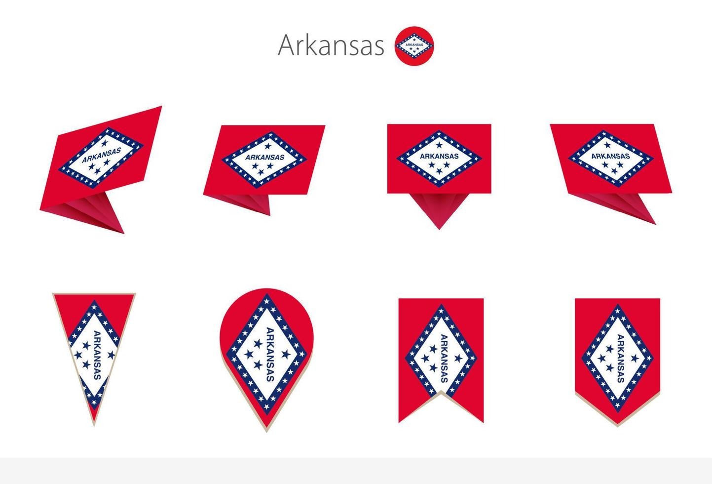 Arkansas US State flag collection, eight versions of Arkansas vector flags.