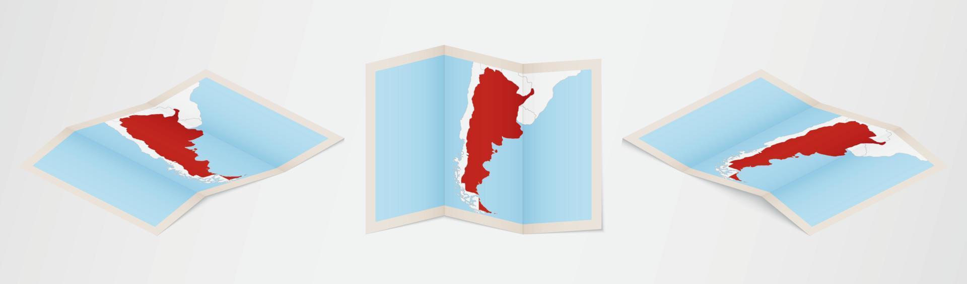 Folded map of Argentina in three different versions. vector