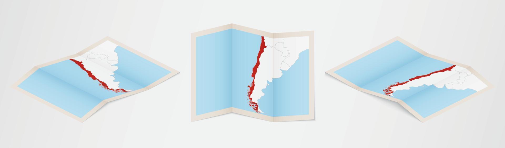 Folded map of Chile in three different versions. vector