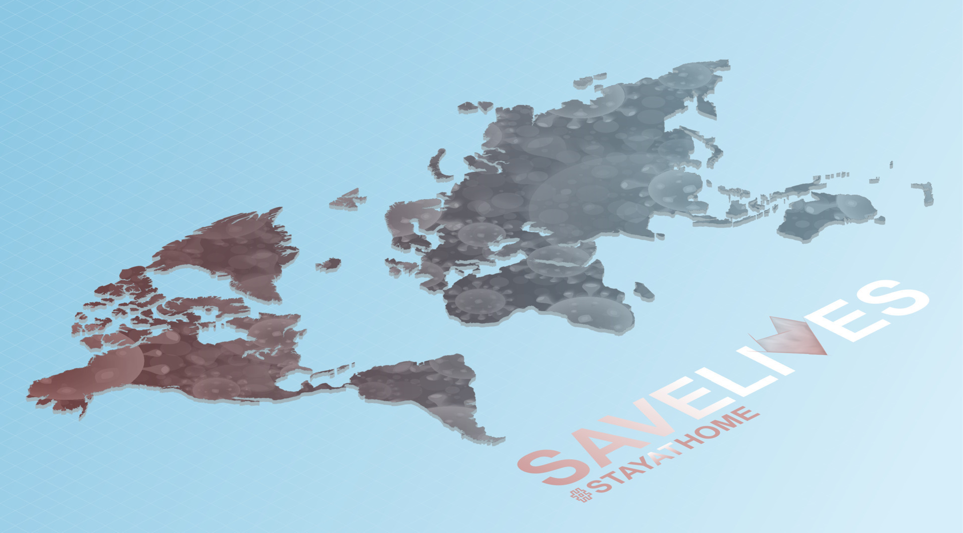 Isometric World map with bacteria cells and slogan Save Lives Stay at