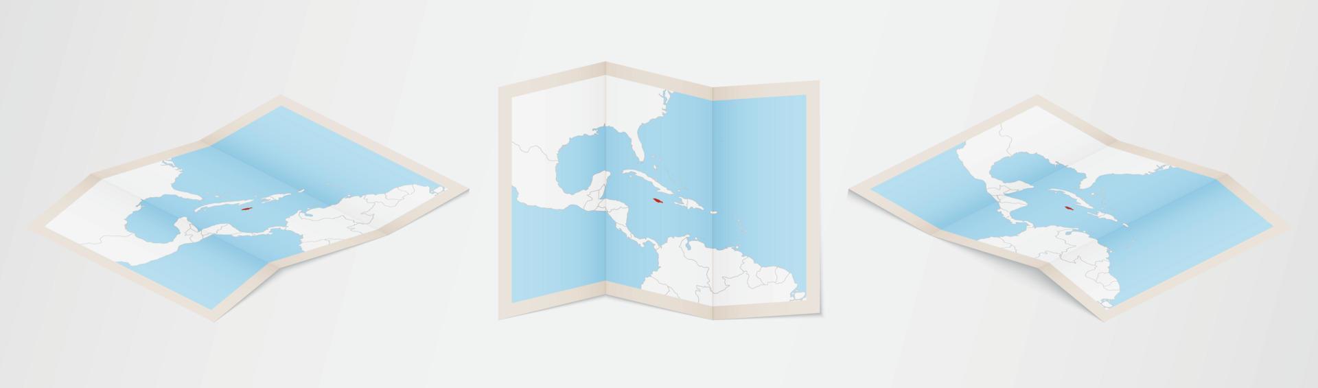 Folded map of Jamaica in three different versions. vector