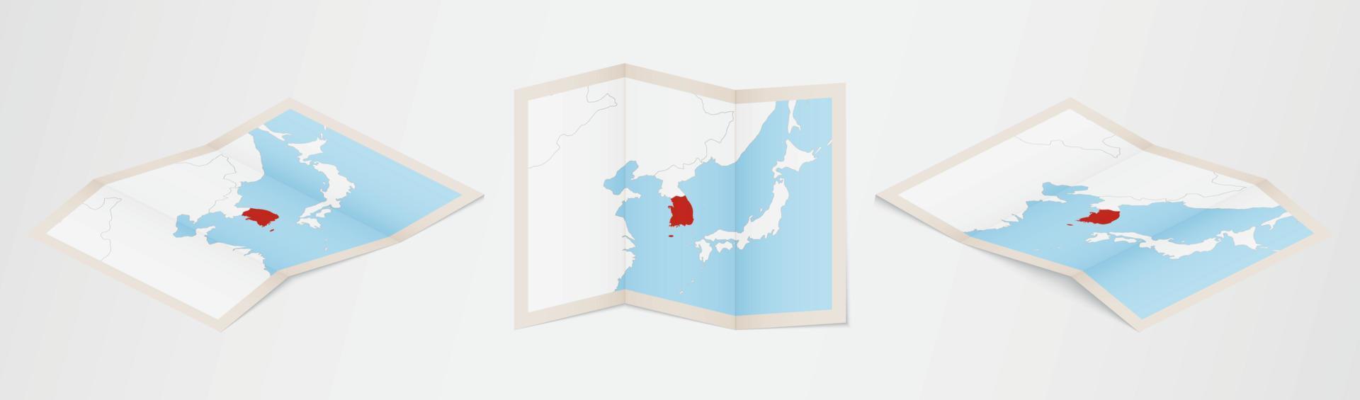 Folded map of South Korea in three different versions. vector