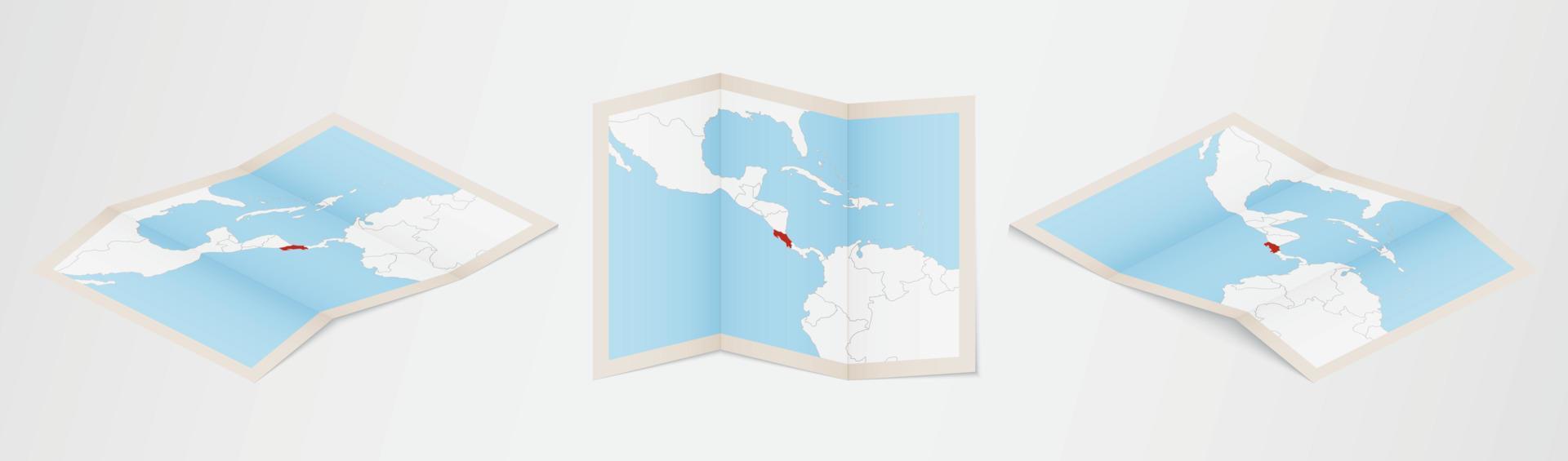 Folded map of Costa Rica in three different versions. vector