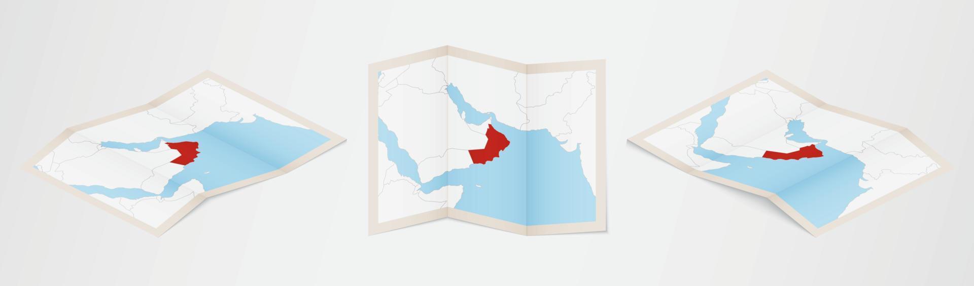 mapa plegado de omán en tres versiones diferentes. vector