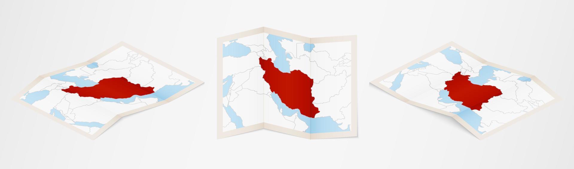 Folded map of Iran in three different versions. vector