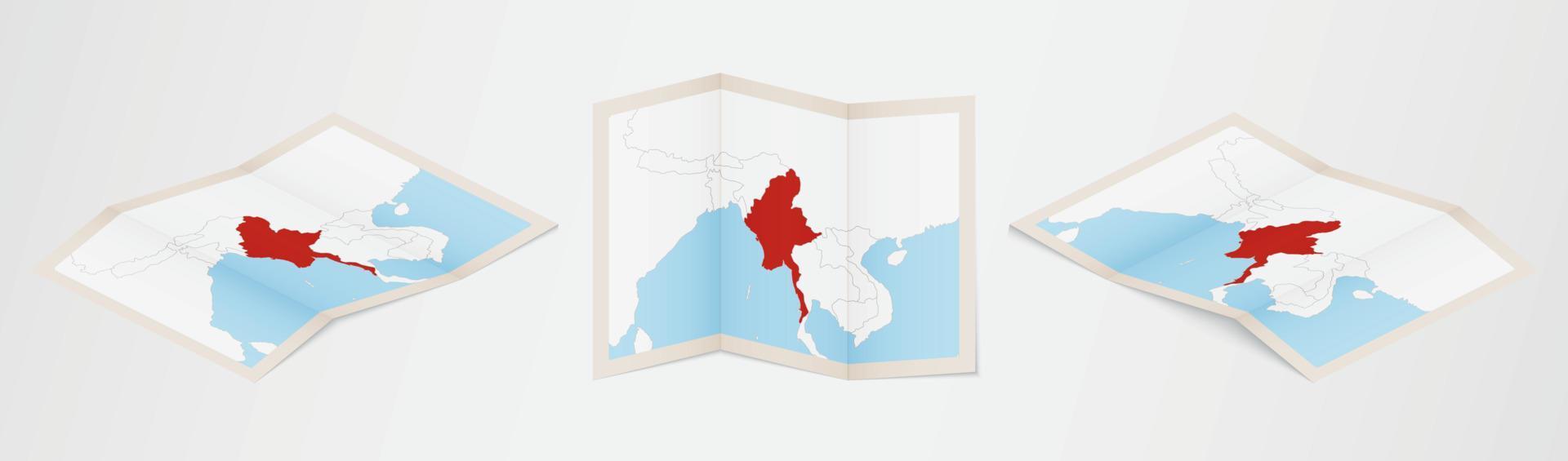 mapa plegado de myanmar en tres versiones diferentes. vector