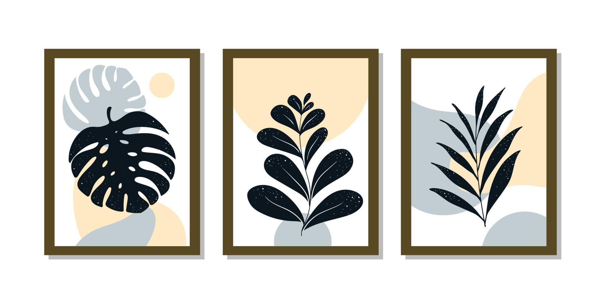 Set of minimalistic posters with monstera leaves. vector