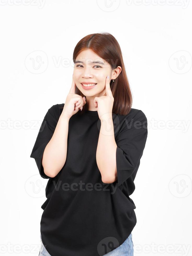 Smiling touch cheek and looking at camera Of Beautiful Asian Woman Isolated On White Background photo