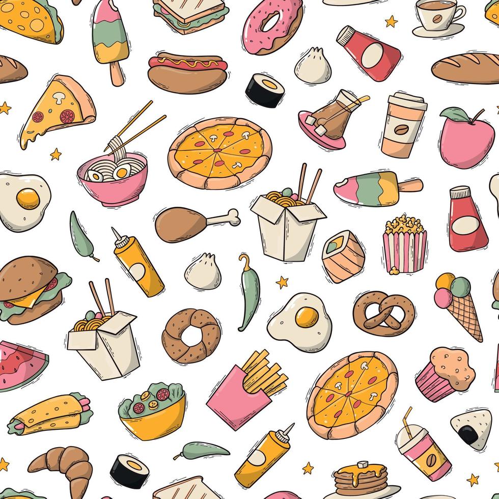 Fast food seamless pattern with hand drawn elements, doodles on white background. Wrapping paper, wallpaper, scrapbooking, textile prints, etc. EPS 10 vector