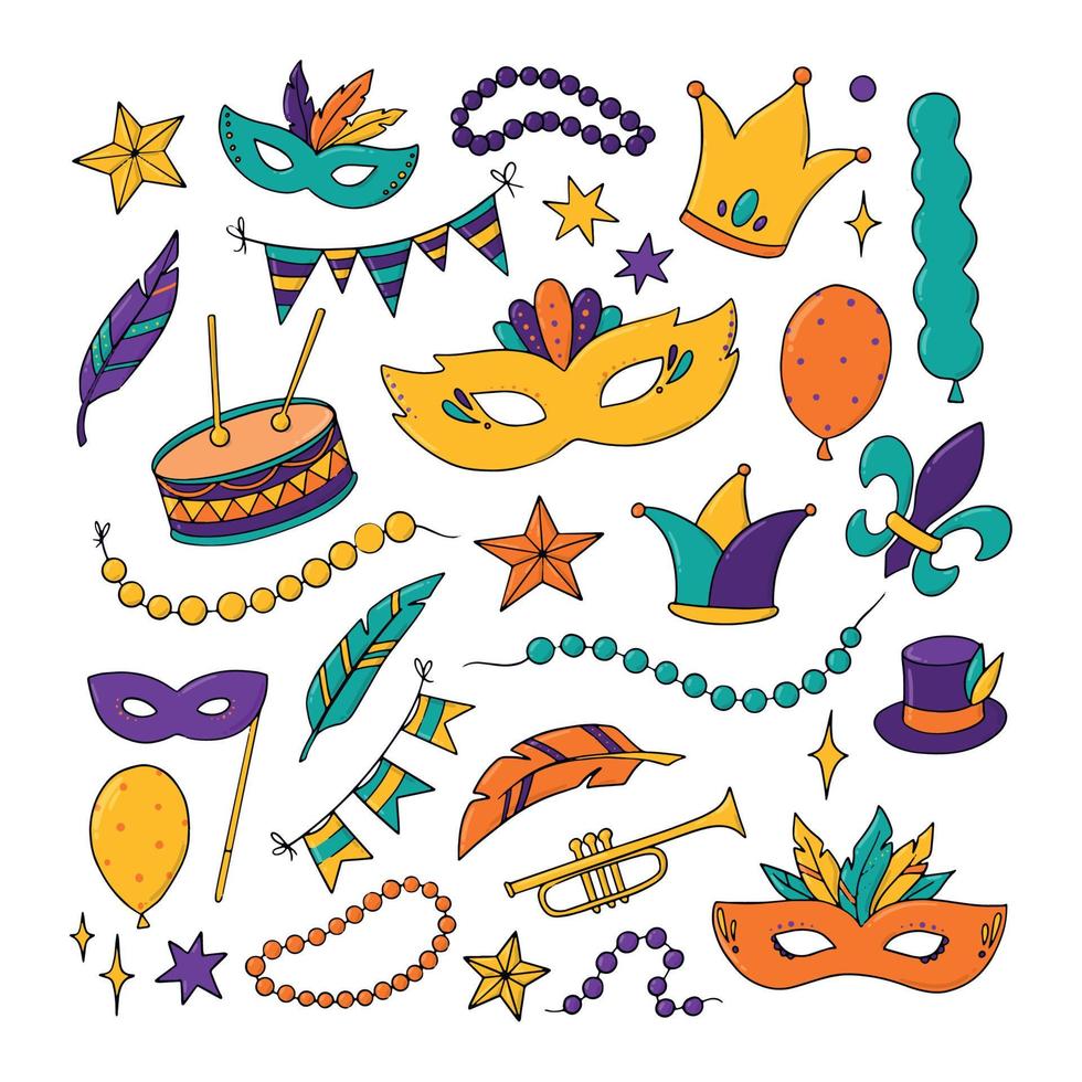 conjunto de garabatos de mardi gras, imágenes prediseñadas, elementos decorativos para impresiones, pegatinas, iconos, impresiones, tarjetas, imanes, sublimación, etc. eps 10 vector