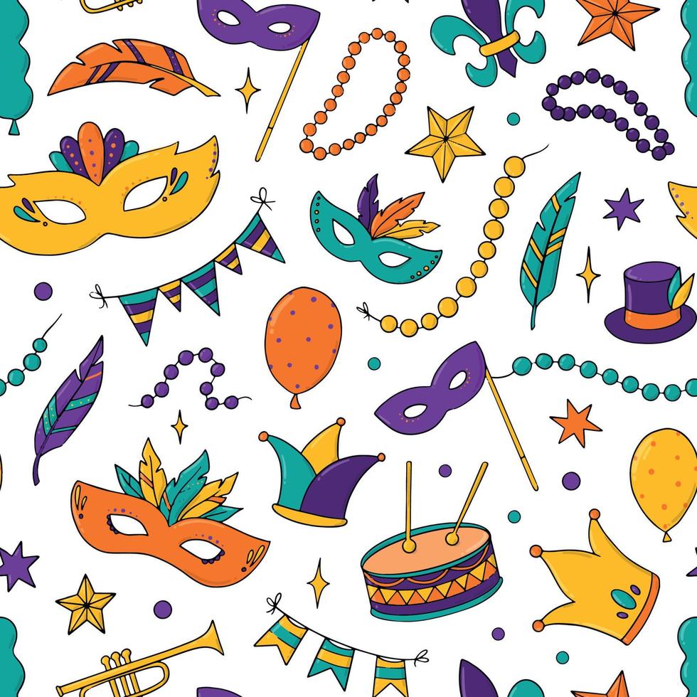 Mardi Gras seamless pattern with hand drawn elements, doodles on white background. Wrapping paper, textile print, wallpaper, scrapbooking, giftware design. EPS 10 vector