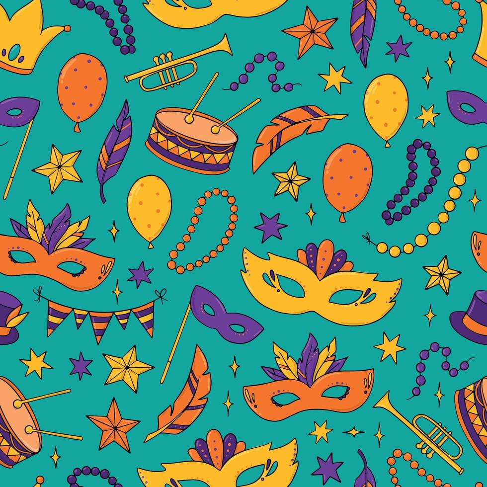 Mardi Gras and carnaval seamless pattern with doodles for prints, wrapping paper, scrapbooking, stationary, wallpaper, textile, etc. EPS 10 vector