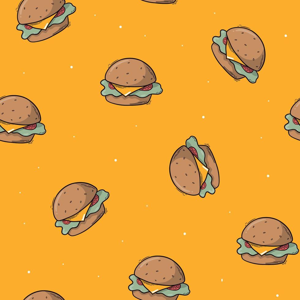 hamburgers seamless pattern with doodles on yellow background. Wallpaper, wrapping paper, scrapbooking, packaging, textile print design. EPS 10 vector