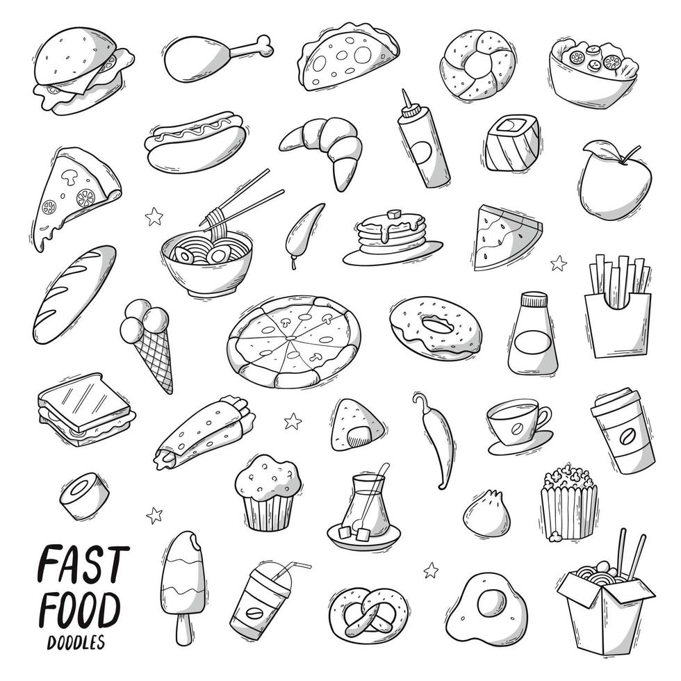 Set of hand drawn fast food doodles, clip art, isolated elements for prints, icons, stickers, planners, cards, etc. EPS 10 vector