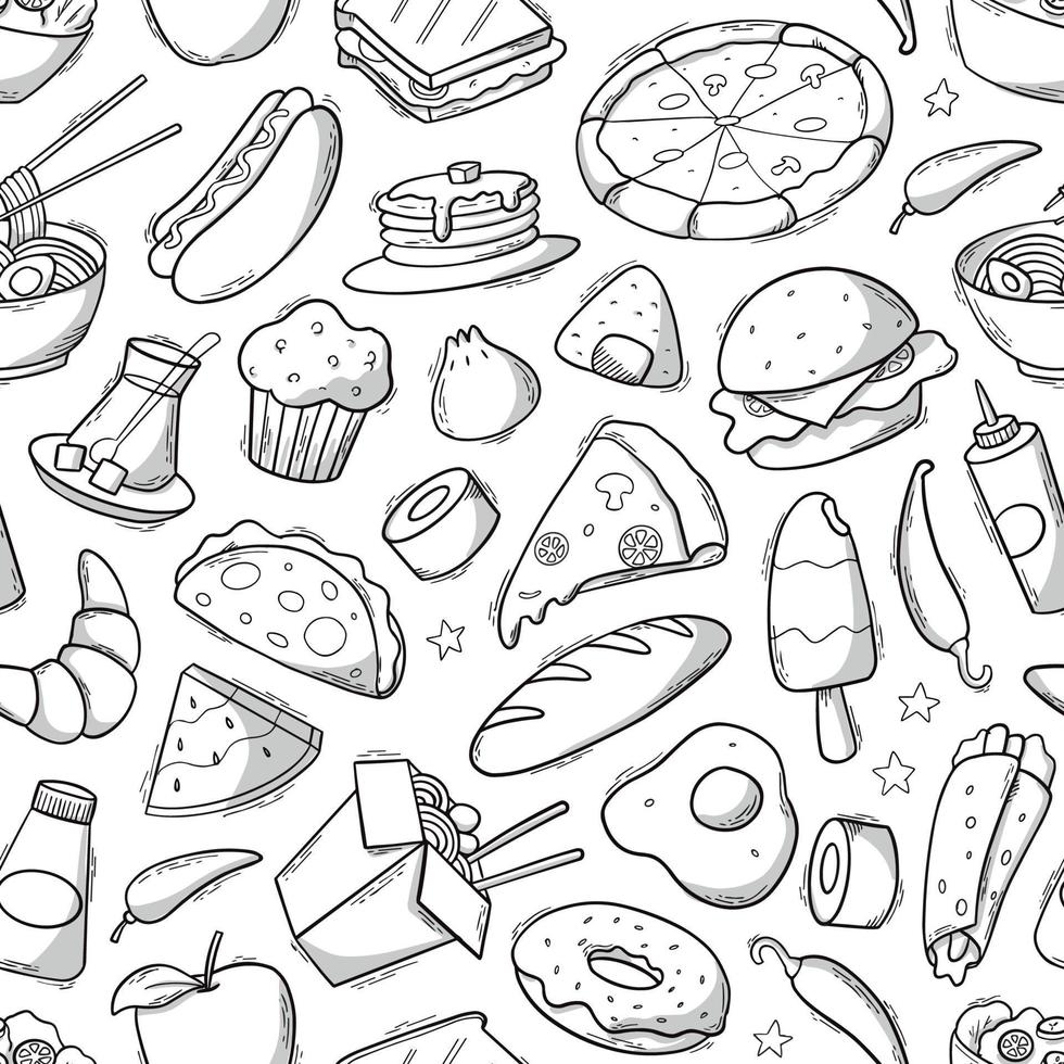 Seamless pattern with fast food doodles, elements for wallpaper, wrapping paper, backgrounds, coloring pages, scrapbooking, recipe books, textile prints, etc. EPS 10 vector