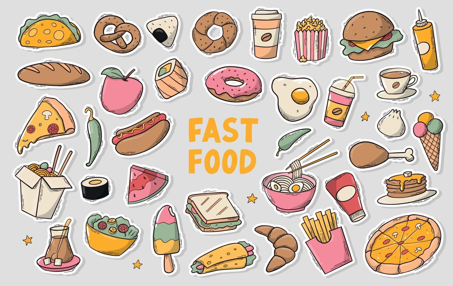 set of fast food stikcers, doodles, clip art for planners, prints, cards, menues, etc. EPS 10 vector