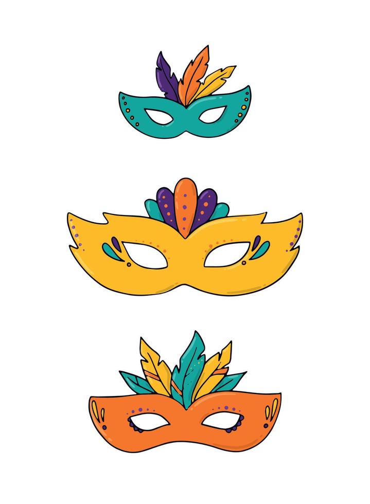 set of 3 masquerade and carnaval masks isolated on white background. Good for posters, prints, cards, signs, stickers, scrapbooking, etc. EPS 10 vector