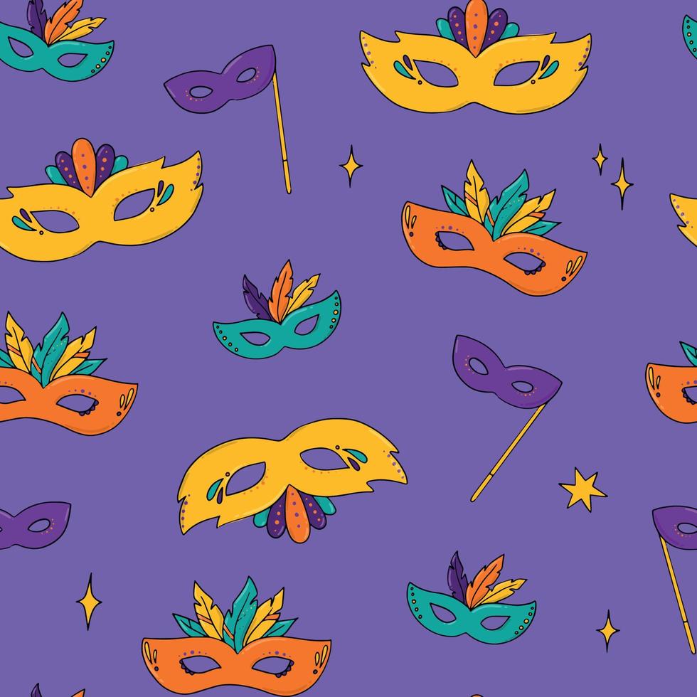 Mardi gras and carnival seamless pattern with decorative hand drawn masks for wallpaper, scrapbooking, stationary, wrapping paper, textile prints, etc. EPS 10 vector