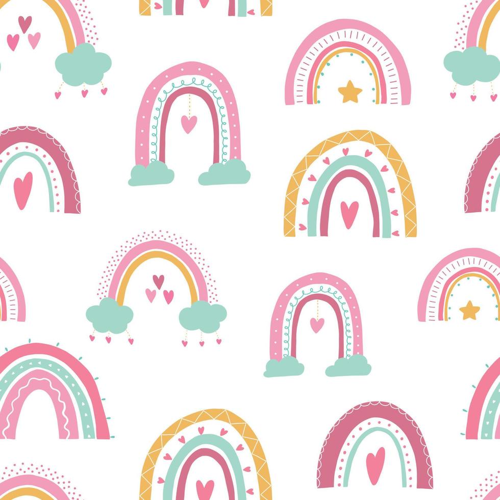 vivero de patrones sin fisuras con arco iris sobre fondo blanco. impresión textil para niños, papel tapiz, álbumes de recortes, papelería, papel para envolver, ropa de cama, etc. eps 10 vector