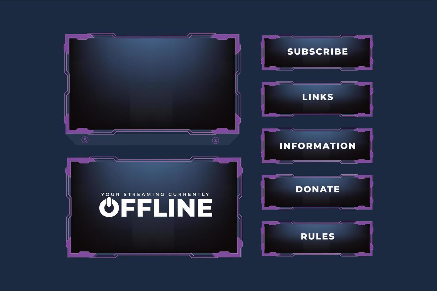 Futuristic gamer screen interface decoration with abstract shapes and purple colors. Modern live-streaming border frame design with subscribe buttons. Special gaming overlay frame vector. vector