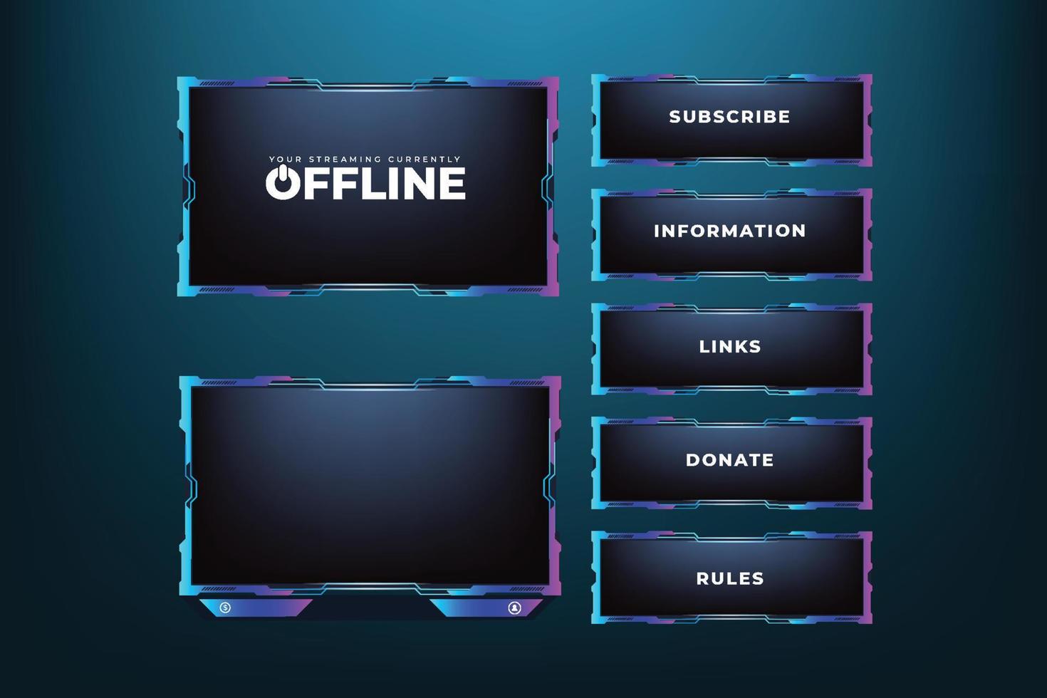 Colorful screen overlay frame design with purple and blue colors. Futuristic gaming overlay decoration for online gamers. Modern gaming broadcast screen interface vector on a dark background.