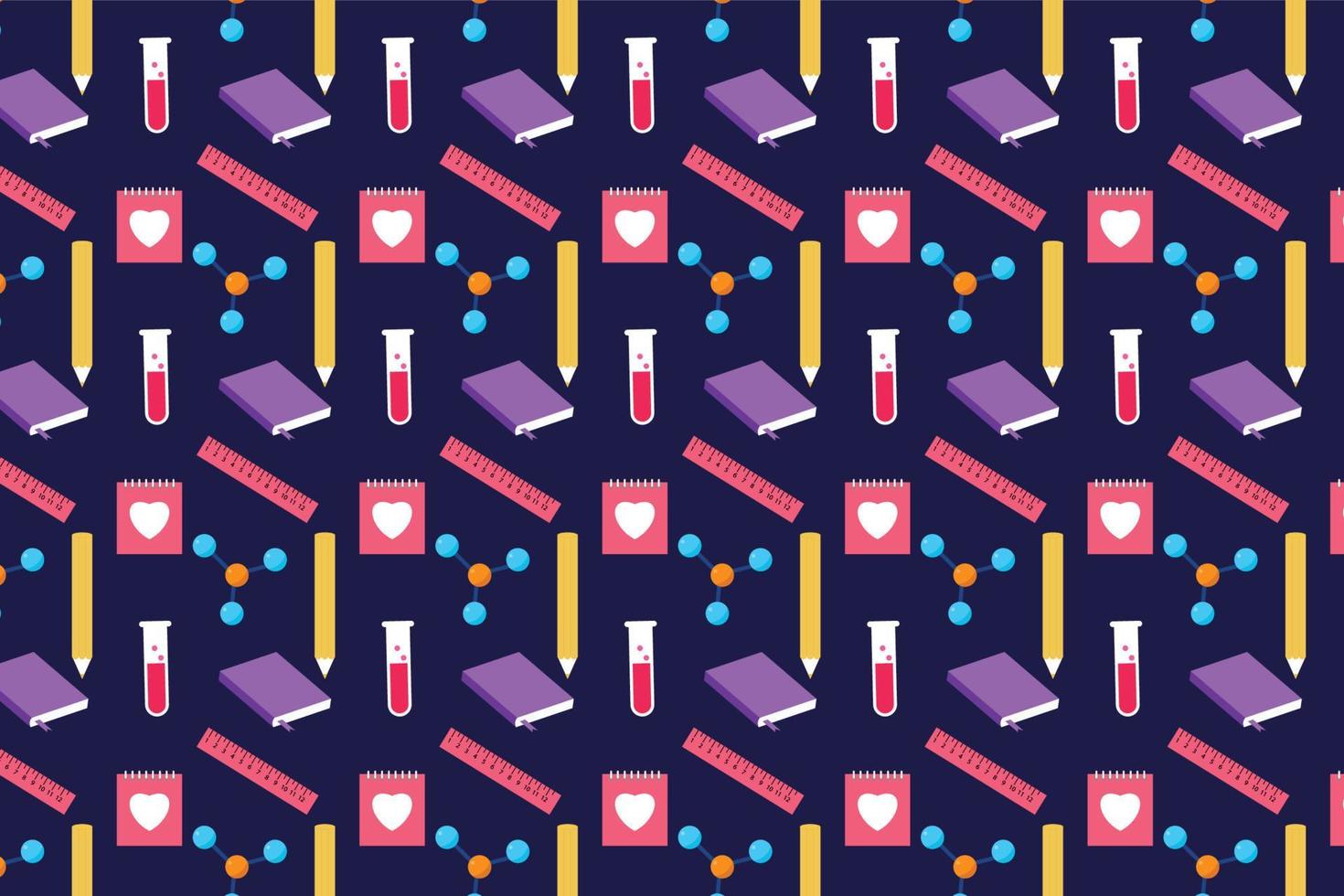 Academic pattern design on a dark background. Seamless educational pattern vector with scale, notebook, atomic structure, and pencil. Endless study backdrop design for the book cover and wallpaper.