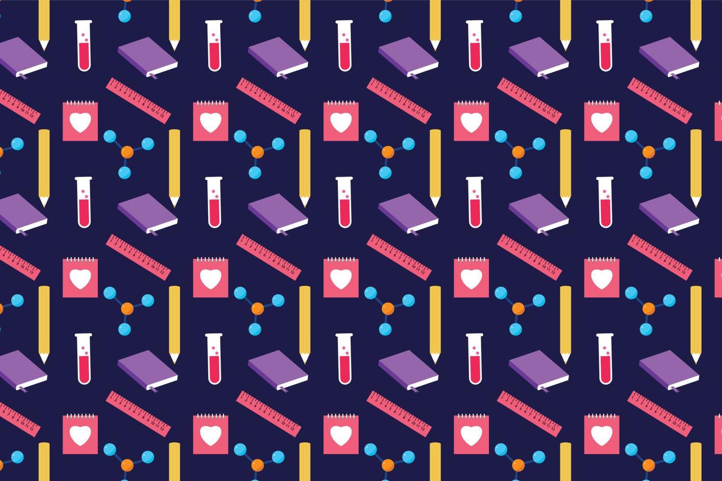 Academic pattern design on a dark background. Seamless educational pattern vector with scale, notebook, atomic structure, and pencil. Endless study backdrop design for the book cover and wallpaper.