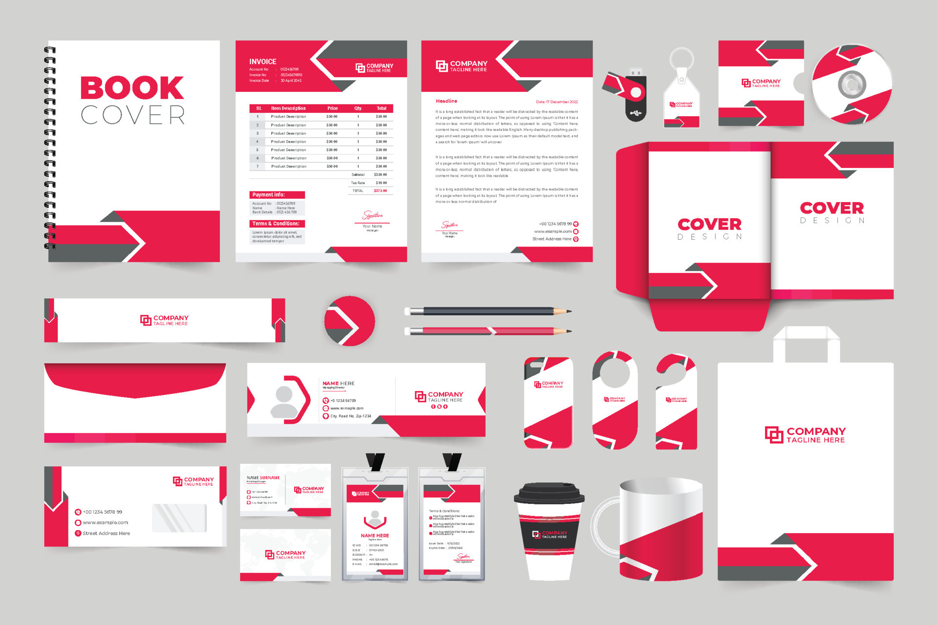 Modern company promotional letterhead, envelope, and badge design for