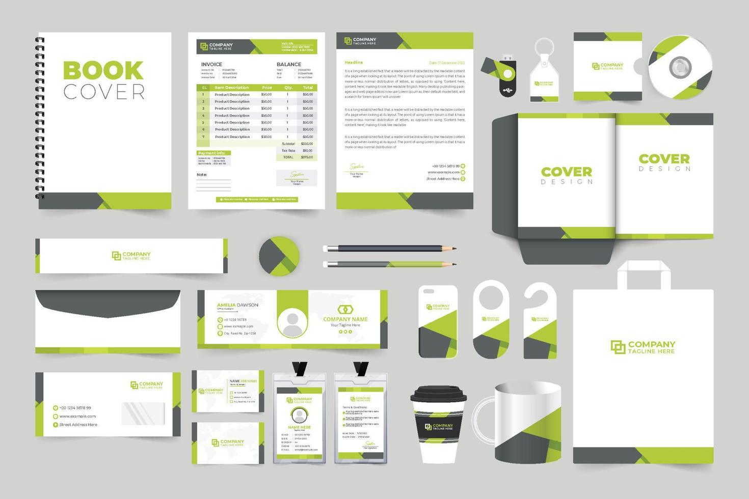 Brand identity banner, envelope, and invoice set design with creative shapes. Digital marketing and brand promotion template bundle with green and dark colors. Corporate identity design collection. vector