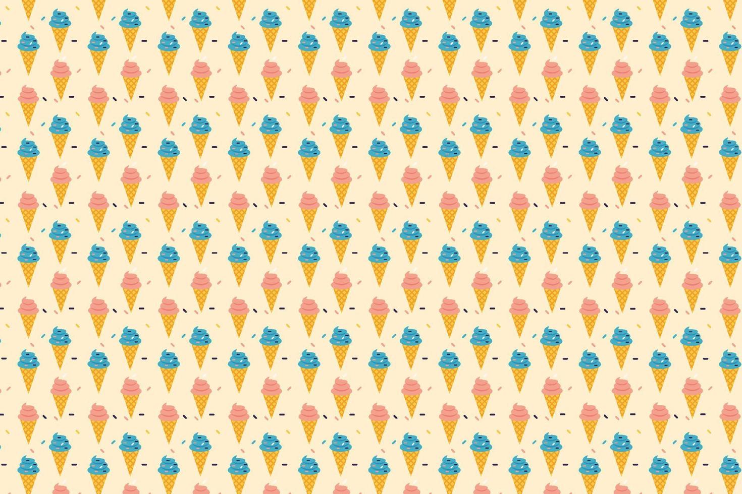 vector de textura de patrón de helado delicioso sobre un fondo de color crema. diseño de patrón repetitivo de helado de cono con coberturas coloridas. fondo de pantalla de la tienda de postres y vector de patrón de fondo.