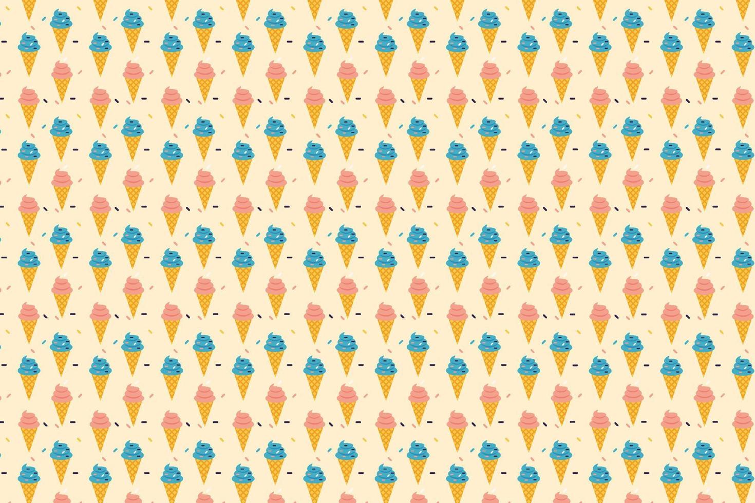 Delicious ice cream pattern texture vector on a cream color background. Cone ice cream repeating pattern design with colorful toppings. Dessert shop wallpaper and background pattern vector.