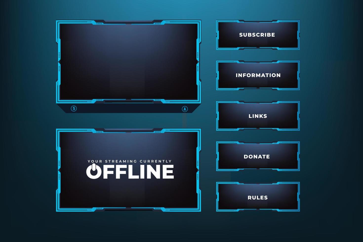 Simple broadcast screen interface design with blue colors on a dark background. Live gaming screen border vector for online gamers. Online user interface decoration with abstract shapes.
