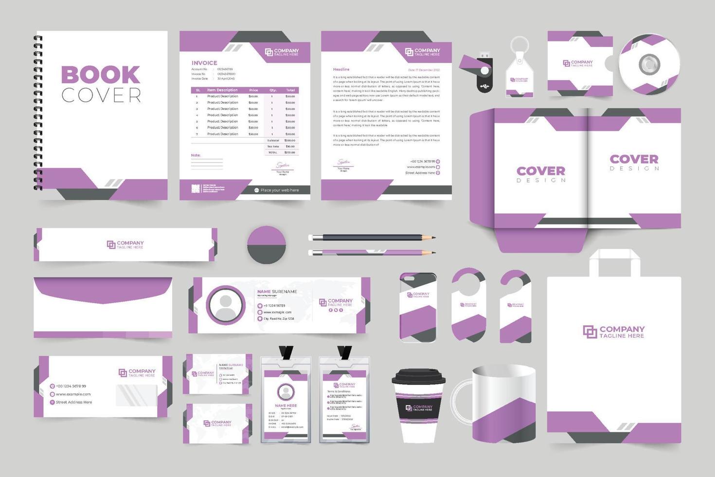 Fashion business brand identity promotional template design with lavender color. Corporate business advertisement stationery vector for marketing. Company brand promotion newsletter, invoice design.